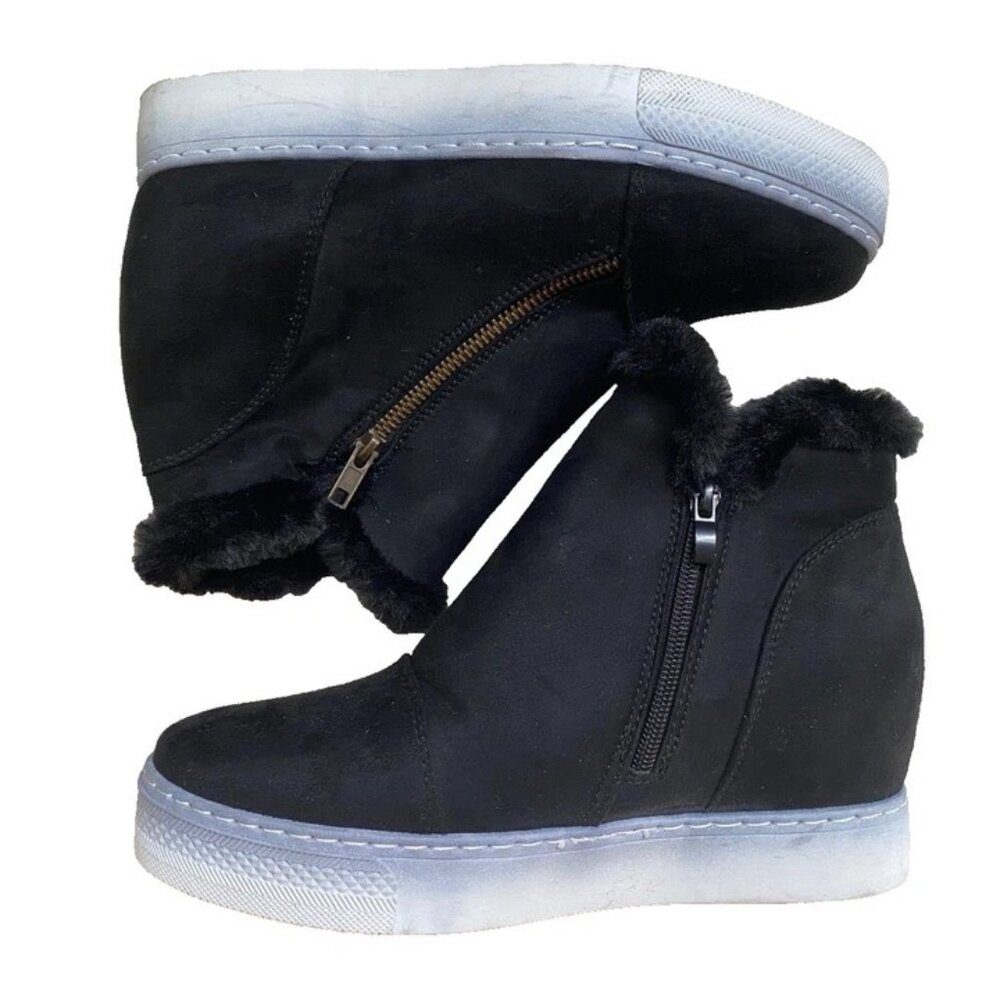 C&C California Black Faux Fur Lined Wedge Ankle Boots